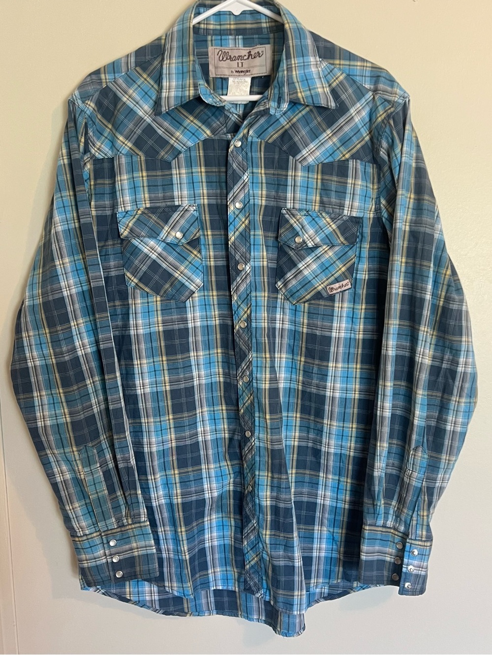 Wrangler Wrancher Teal and Navy Plaid Western Pearl Button-Down Shirt